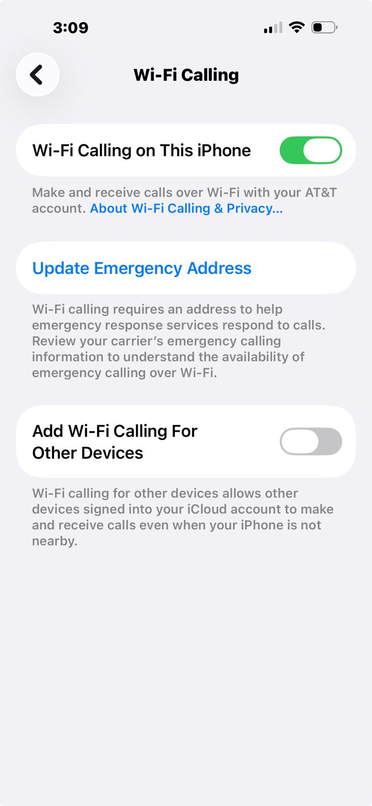 iPhone Wi-Fi Calling settings turned on