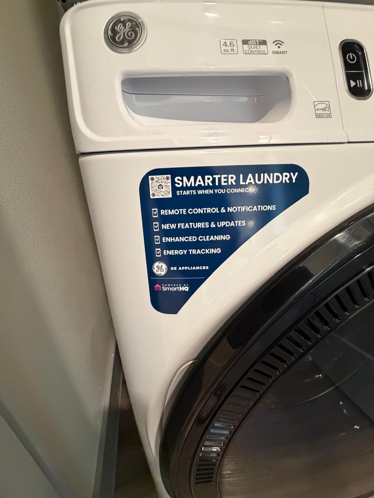 GE washer control panel and SmartHQ badge: 4.6 cu ft, ENERGY STAR, dBT Quiet Control, WiFi SMART