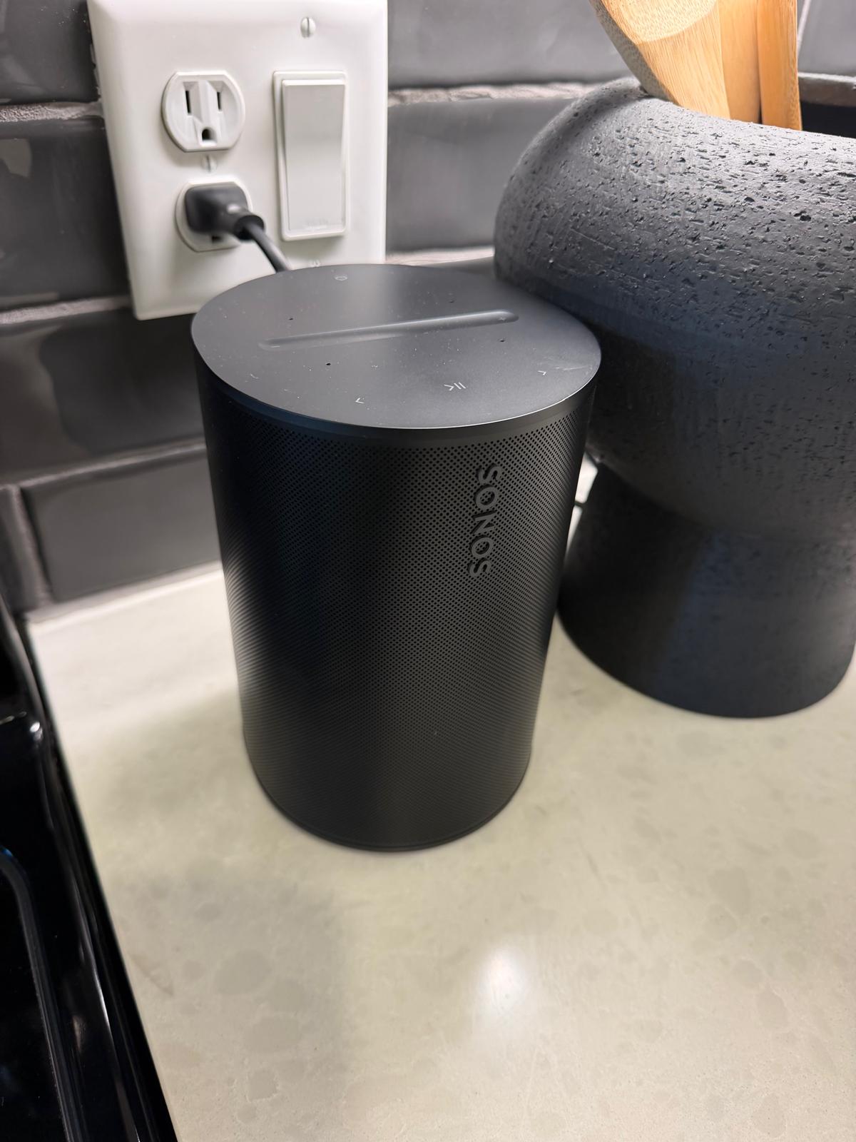 A Sonos Era speaker on a kitchen counter