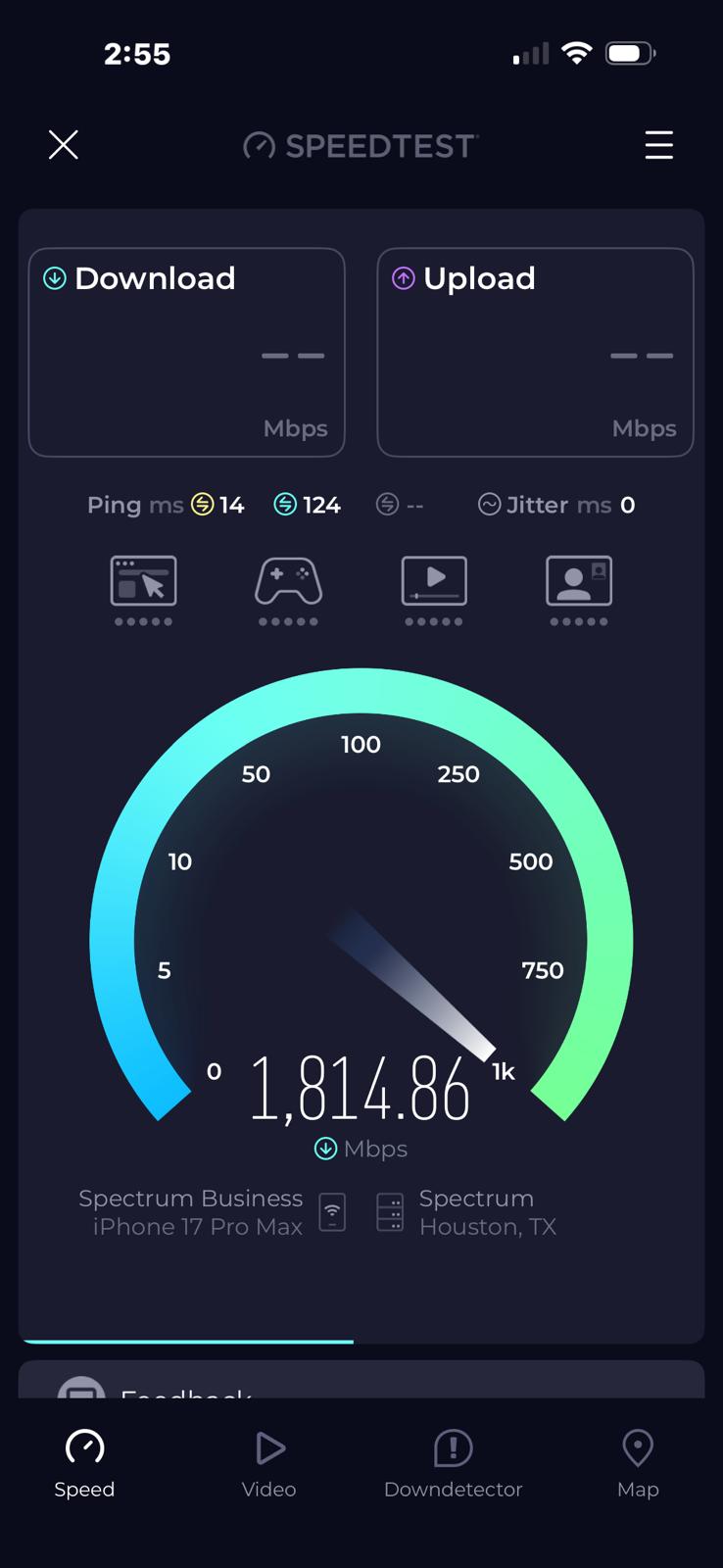 Speed test on an iPhone 17 Pro Max showing 1,814.86 Mbps wireless download